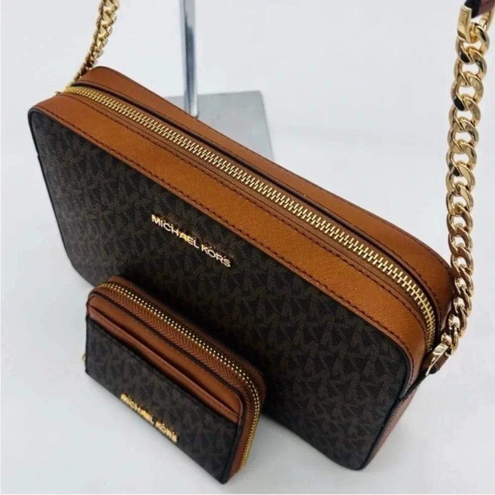 Michael Kors Large EW Crossbody Bag & Jet Set Travel ZA Card Case Wallet Brown - Picture 6 of 11